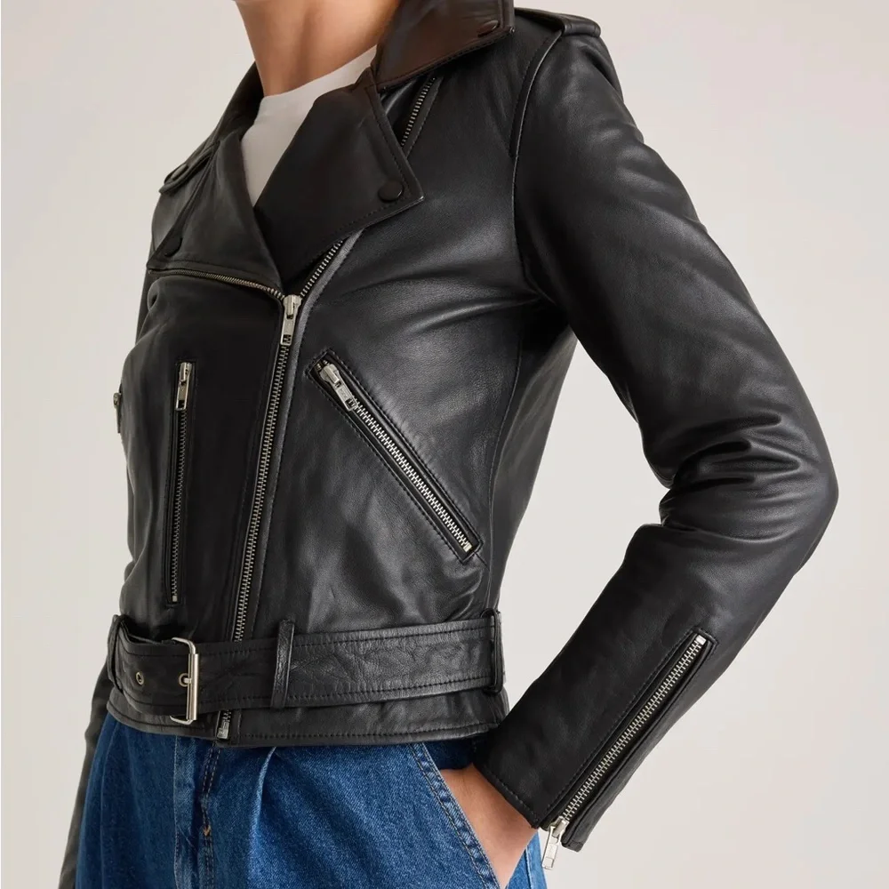 QUINCE 100% leather Black Leather Biker Jacket - Picture 2 of 7